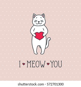 I Meow You. Vector doodle illustration of cute white cat holding a heart in his paws.