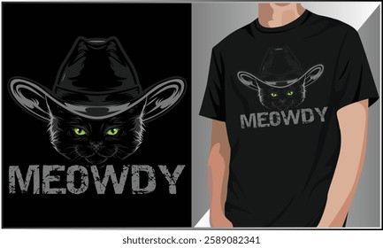 Meowdy Cat T-shirt Design, Cowboy cat Western T-Shirt Vector Illustration, Funny Kitten Cat Cowboy Vector, Western Cowboy Hat T-shirt.