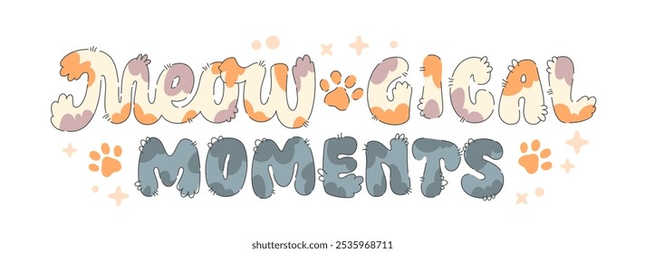 Momentos mecánicos. Diseño de letras acogedor y esponjoso en colores suaves con un alfabeto divertido inspirado en el gato. Con guion dibujado a mano con huellas de patas y puntos, perfecto para proyectos y diseños de temas de mascotas