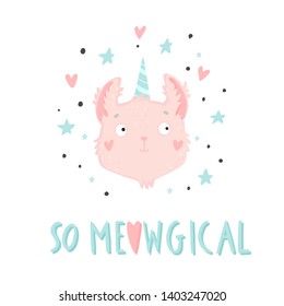 So meowgical. Hand drawn background with cats and lettering. Isolated vector illustration 