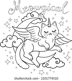 Meowgical text.Cartoon winged cat with moon and clouds. Vector outline for coloring book