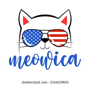 Meowica - Cute Kitty drawing with meowica word pun. Funny calligraphy for 4th of July. Perfect for advertising, poster, kids clothes or greeting card, pajamas. Beautiful lovely cat. svg