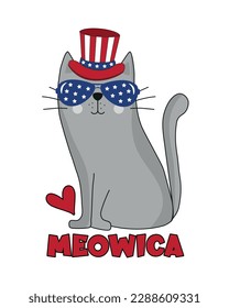 Meowica -  Funny cartoon cat. Happy Independence Day, vector design illustration.