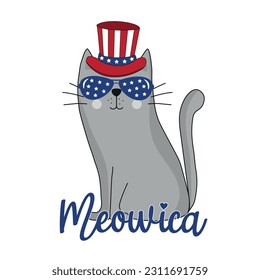 Meowica - Funny cat. Happy Independence Day, vector design illustration.