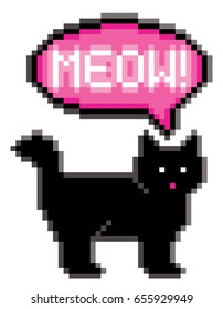 Meowing black cat illustrated in 8-bit computer gaming style.
