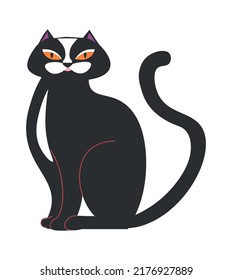 El gato negro maullido con cola larga, animal doméstico aislado. Mascota felina, símbolo de magia y brujería, personaje de caricatura de Halloween. Retrato de mamífero con abrigo y bigotes furtivos. Vector de estilo plano