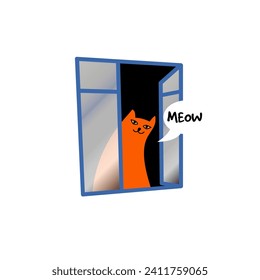 Un gato maullido mira por la ventana. Ilustración vectorial caprichosa e ingenua.