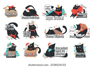 Conjunto de personajes de pegatinas de gato negro de Navidad maullando. Pegatinas de vacaciones de invierno aisladas en blanco. Gatito de dibujos animados plano. Movimiento editable. Ilustración vectorial