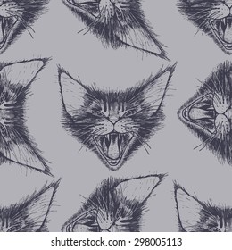 Meowing graphic cat. Cat's head with an open mouth. Vector seamless pattern