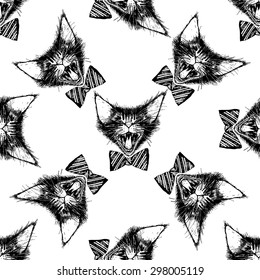 Meowing graphic cat. Cat's head with an open mouth and striped bow. Vector seamless pattern