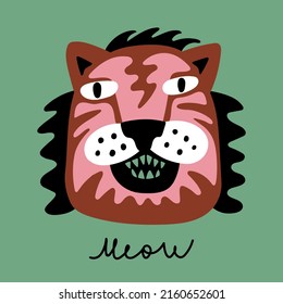 Meowing tiger hand drawn logo concept. Print, poster or sticker design. Vector illustration