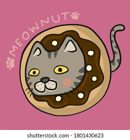Meownut, gato tabby dentro de la ilustración vectorial de la caricatura de donut