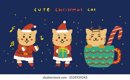 Meowrry Christmas cute christmas cat hand drawn illustration | cute cat christmas sticker pack | cute editable vector orange cat in christmas costume greeting cards | adorable cat cartoon character