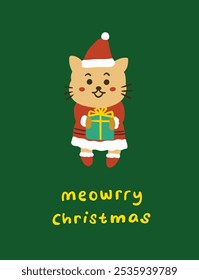 Meowrry Christmas cute christmas cat hand drawn illustration | cute cat christmas sticker pack | cute editable vector orange cat in christmas costume greeting cards | adorable cat cartoon character