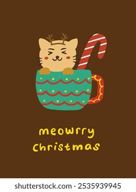 Meowrry Christmas cute christmas cat hand drawn illustration | cute cat christmas sticker pack | cute editable vector orange cat in christmas costume greeting cards | adorable cat cartoon character