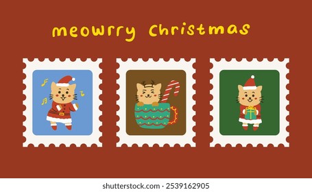 Meowrry Christmas cute christmas cat hand drawn illustration | cute cat christmas sticker pack | cute editable vector orange cat in christmas costume greeting cards | adorable cat cartoon character