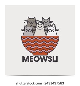 Meowsli - cute greeting card, poster, template, label with with colorful bowl of cat muesli