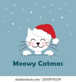 Meowy Catmas card, white cat with santa hat on, square vector illustration