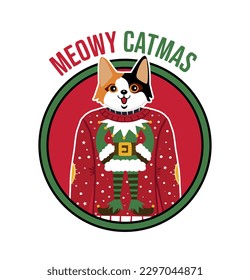 Meowy catmas. Christmas cat. Lovely cat wearing a winter sweater. Winter cat vector. Cat design