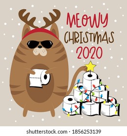 Meowy Christmas 2020 - Cat in antler and Toilet paper Christmas tree. Funny greeting card for Christmas in covid-19 pandemic self isolated period. 