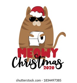 Meowy Christmas 2020- Cute cat in Santa's hat, and toilet paper. Funny greeting card for Christmas in covid-19 pandemic self isolated period. 