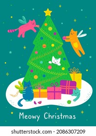 Meowy Christmas. Beautiful card with Christmas tree, cats, gift boxes. Magical cats with wings. Merry Christmas and Happy New Year design. Cute pets decorate the tree. Hand drawn vector illustration.