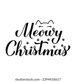 Meowy Christmas calligraphy hand lettering. Funny Christmas quote. Pets pun. Vector template for typography poster, banner, greeting card, sticker, etc