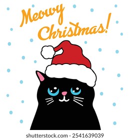 Meowy Christmas, Cute Black Cat with Santa Hat and Snowflakes