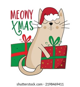 Meowy Christmas - funny greeting with cute cat in Santa hat and Christmas presents.Good for greeting card, poster, T shirt print,  mug, and other decoration.