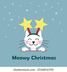 Meowy Christmas greeting card, white kitty with stars headband on, square vector illustration