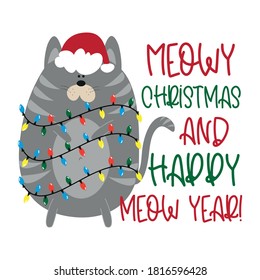 Meowy Christmas and Happy Meow Year! - Funny Christmas greeting with cute cat in Santa's cap. Good for poster banner, postcard, textile print mug, other gifts design.