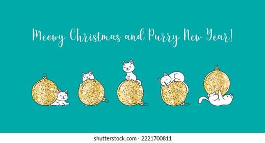 Meowy Christmas and Purry New Year. Collection of cute kittens playing with christmas balls on a green background. Vector 10 EPS.