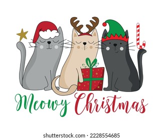 Meowy Christmas - Santa cat, reno cat y elf cat con regalos navideños. Diseño vectorial dibujado a mano.