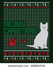 Meowy Christmas Typography ugly Christmas Sweatshirt Design for cat lovers with seamless pattern