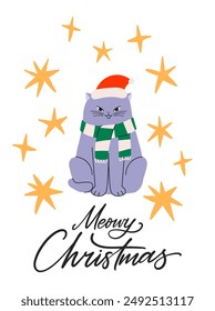 Meowy Christmas. Vector greeting card with a grey cat in red hat and green scarf isolated on white background