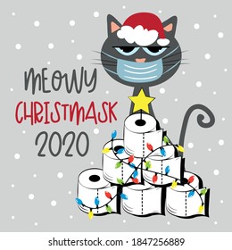 Meowy Christmask 2020 - Cat in face mask and Toilet paper Christmas tree. Funny greeting card for Christmas in covid-19 pandemic self isolated period. 