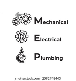 MEP logo design representing Mechanical, Electrical, and Plumbing systems with gear, lightning bolt, and water drop icons. Ideal for engineering, construction, and infrastructure industries.