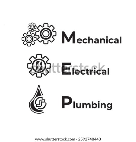 MEP logo design representing Mechanical, Electrical, and Plumbing systems with gear, lightning bolt, and water drop icons. Ideal for engineering, construction, and infrastructure industries.
