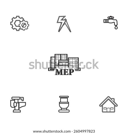 MEP (Mechanical, Electrical, and Plumbing) engineering icons representing building systems, including electricity, water supply, plumbing, and infrastructure in a modern, minimalistic style.