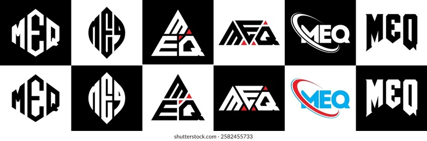 MEQ letter logo design in six style. MEQ polygon, circle, triangle, hexagon, flat and simple style with black and white color variation letter logo set in one artboard. MEQ minimalist and classic logo