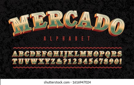 Mercado Hispanic Themed Alphabet; Warm Earth Tones & Green Font Suggestive Of A Mexican Or Latino Market. Ornate Letters With Highly Legible Slab Serifs. Translation: 