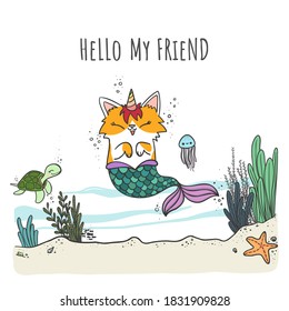 Mercaticorn, Cute cartoon mermaid cat with unicorn horn  swimming in the sea with sea animals. Vector illustration, cartoon doodle style.