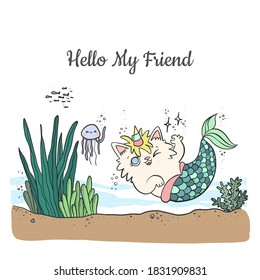Mercaticorn, Cute cartoon mermaid cat with unicorn horn  swimming in the sea with sea animals. Vector illustration, cartoon doodle style.