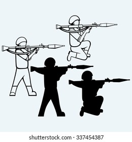 Mercenary shoot with a bazooka. Isolated on blue background. Vector silhouettes