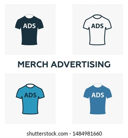 Merch Advertising icon set. Four elements in diferent styles from advertising icons collection. Creative merch advertising icons filled, outline, colored and flat symbols.