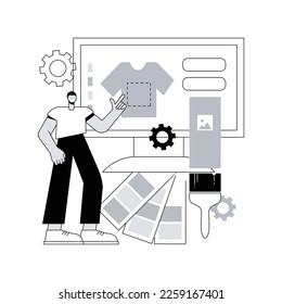 Ilustración vectorial del concepto abstracto de la ropa de mercadería. Prendas de evento, productos de mercancía a medida, servicio de diseño de merch, impresión de marca en ropa, metáfora abstracta del sitio web de merch maker.