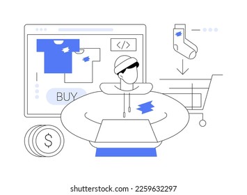 Ilustración vectorial del concepto abstracto de la ropa de mercadería. Prendas de evento, productos de mercancía a medida, servicio de diseño de merch, impresión de marca en ropa, metáfora abstracta del sitio web de merch maker.