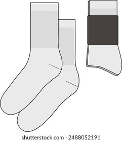 Merch Socks Tech Pack Vorlage Flat Sketch Mode Illustration Mock Up CAD-Zeichnung für Unisex Männer und Frauen Verpackungsdesign. 