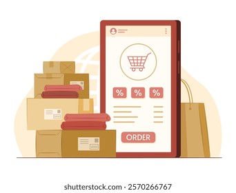 Merchandise Boxes and Shopping Bag with Smartphone for Online Shopping and E-Commerce Concept Illustration