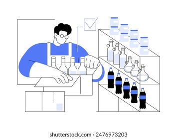 Merchandise, die isolierte Cartoon-Vektorillustrationen handhabt. Lebensmittelarbeiter bearbeitet Waren im Lager, Produktpräsentation, Einzelhandelsdienstleistungen, professionelle Lagerraum Menschen Vektorgrafik Cartoon.